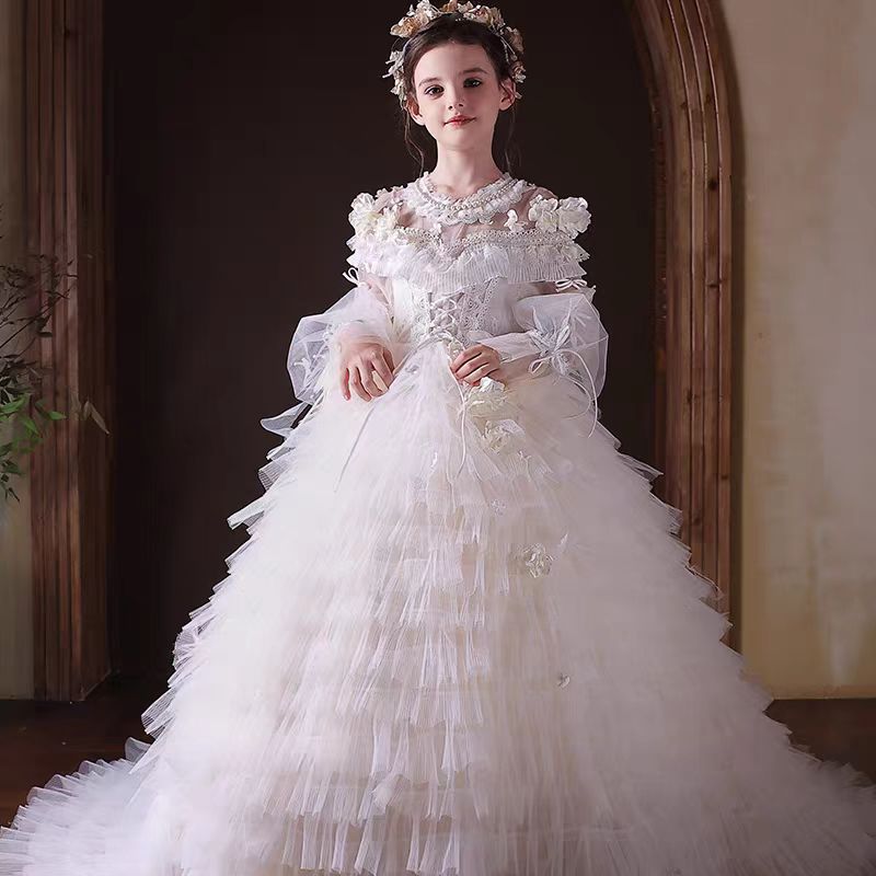 Chic Long Sleeve Princess Girl Dress for Birthday Party J302 White / child-8 Chic Long Sleeve Princess Girl Dress for Birthday Party J302 White / child-8