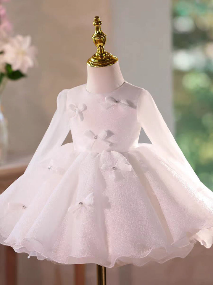Classic White Flower Girl Dress with Knee Length Skirt D030
