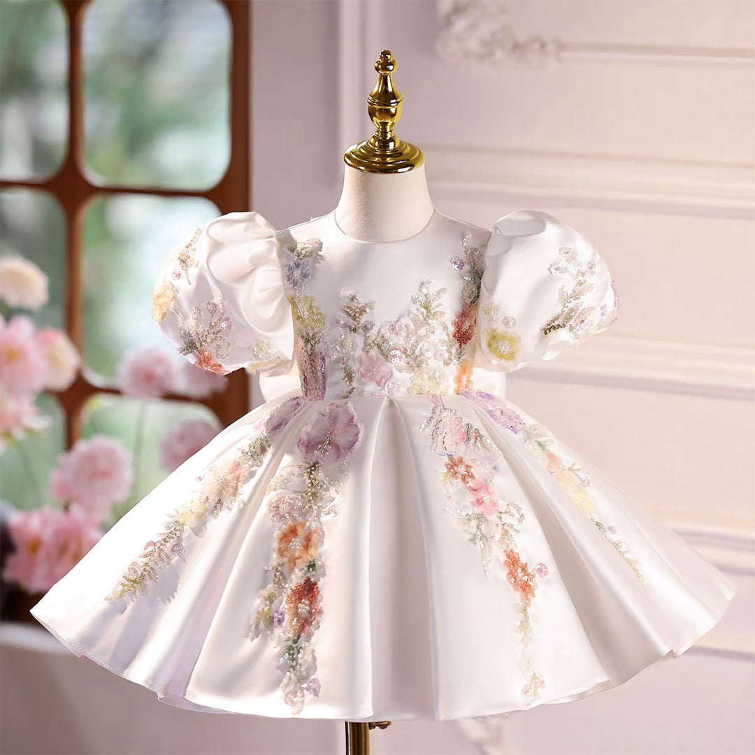 White Flower Girl Dress with Puffy Sleeves and 3D Floral Embroidery J581 White / child-4 White Flower Girl Dress with Puffy Sleeves and 3D Floral Embroidery J581 White / child-4