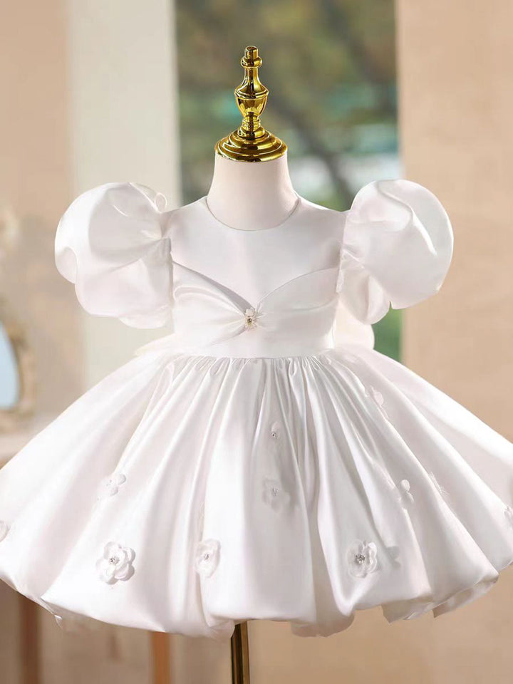 Elegant White Satin Flower Girl Dress with Puffy Sleeves Birthday D215