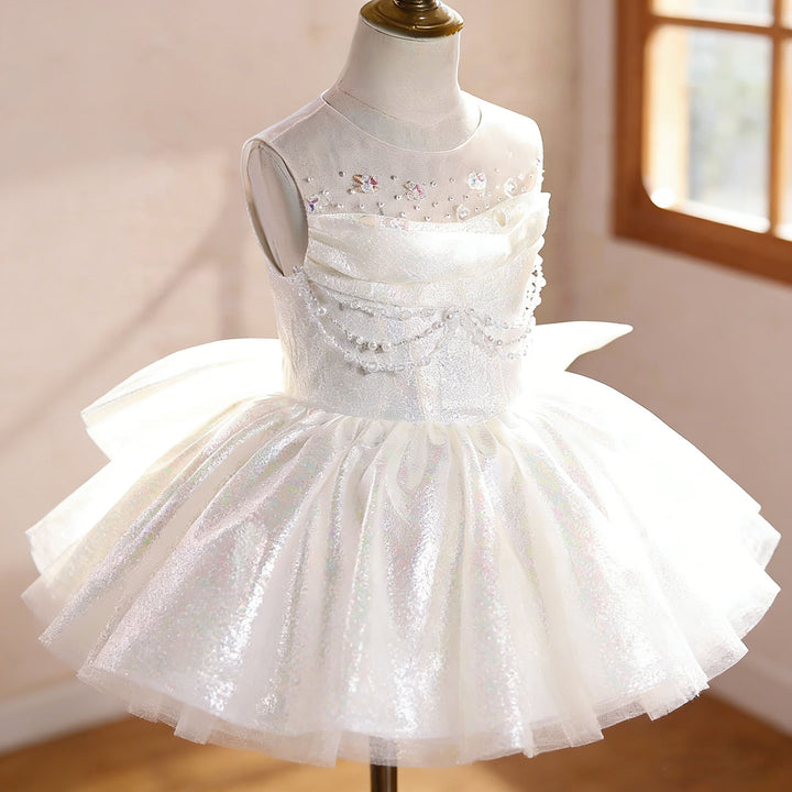 White Flower Girl Dress with Beading Short Ball Gown Skirt for Wedding Party D258