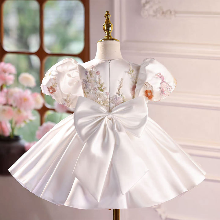 White Flower Girl Dress with Puffy Sleeves and 3D Floral Embroidery J581