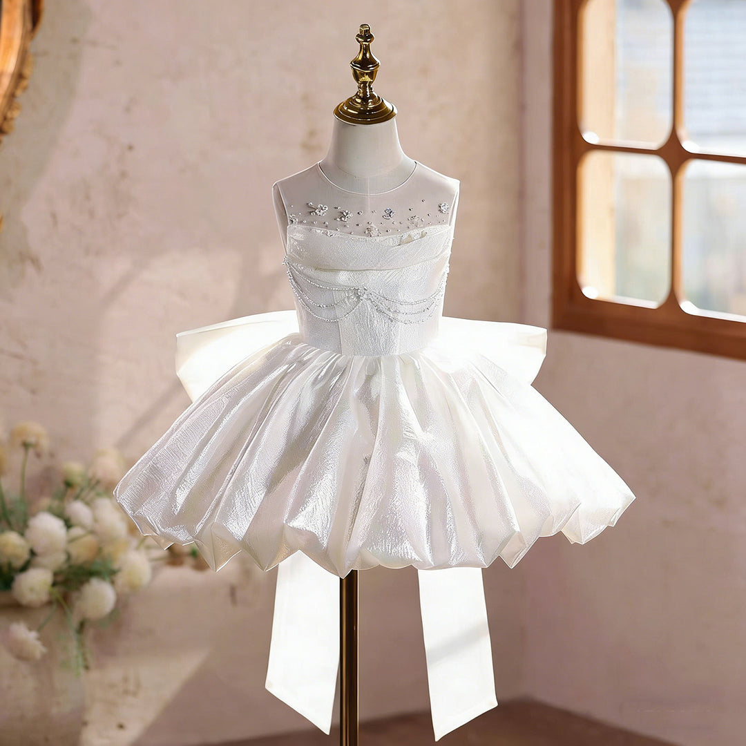 White Flower Girl Dress with Beading Short Ball Gown Skirt for Wedding DreamyVow White Flower Girl Dress with Beading Short Ball Gown Skirt for Wedding DreamyVow