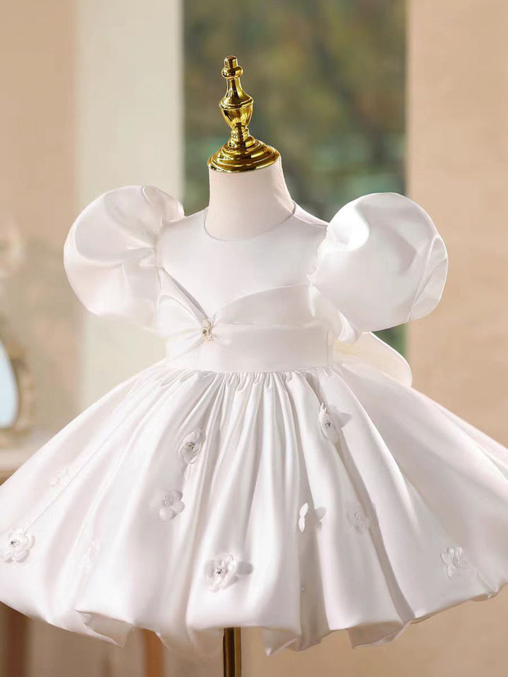 Elegant White Satin Flower Girl Dress with Puffy Sleeves Birthday D215