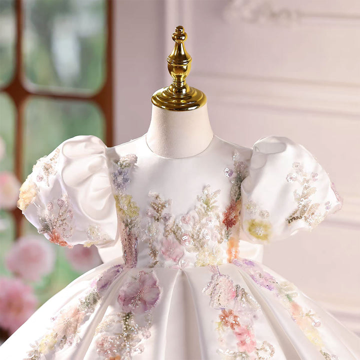 White Flower Girl Dress with Puffy Sleeves and 3D Floral Embroidery J581