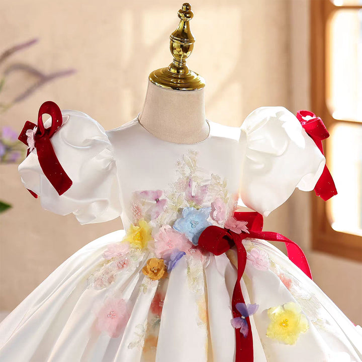 Elegant White Satin Flower Girl Dress with 3D Flowers Princess Party Dress J875