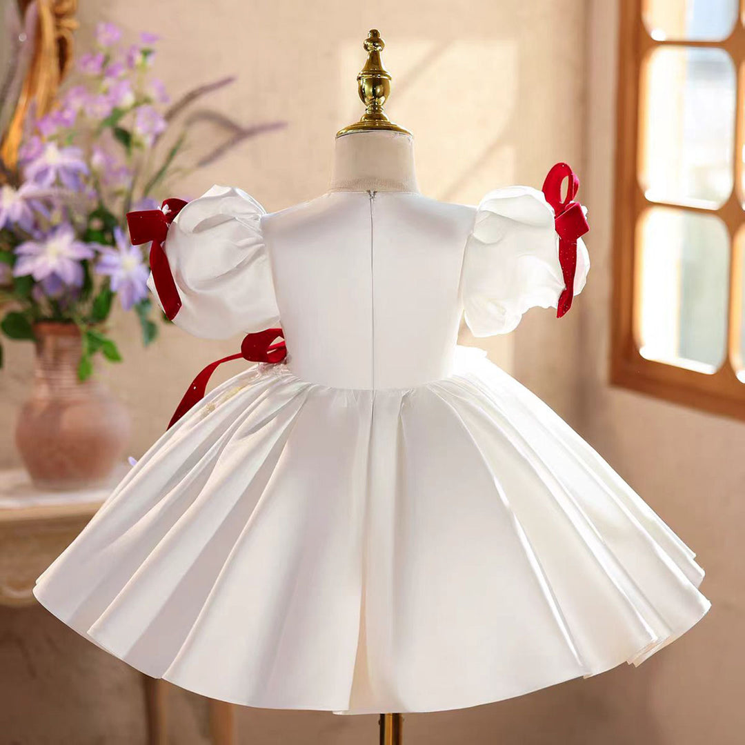 Elegant White Satin Flower Girl Dress with 3D Flowers Princess Party Dress J875