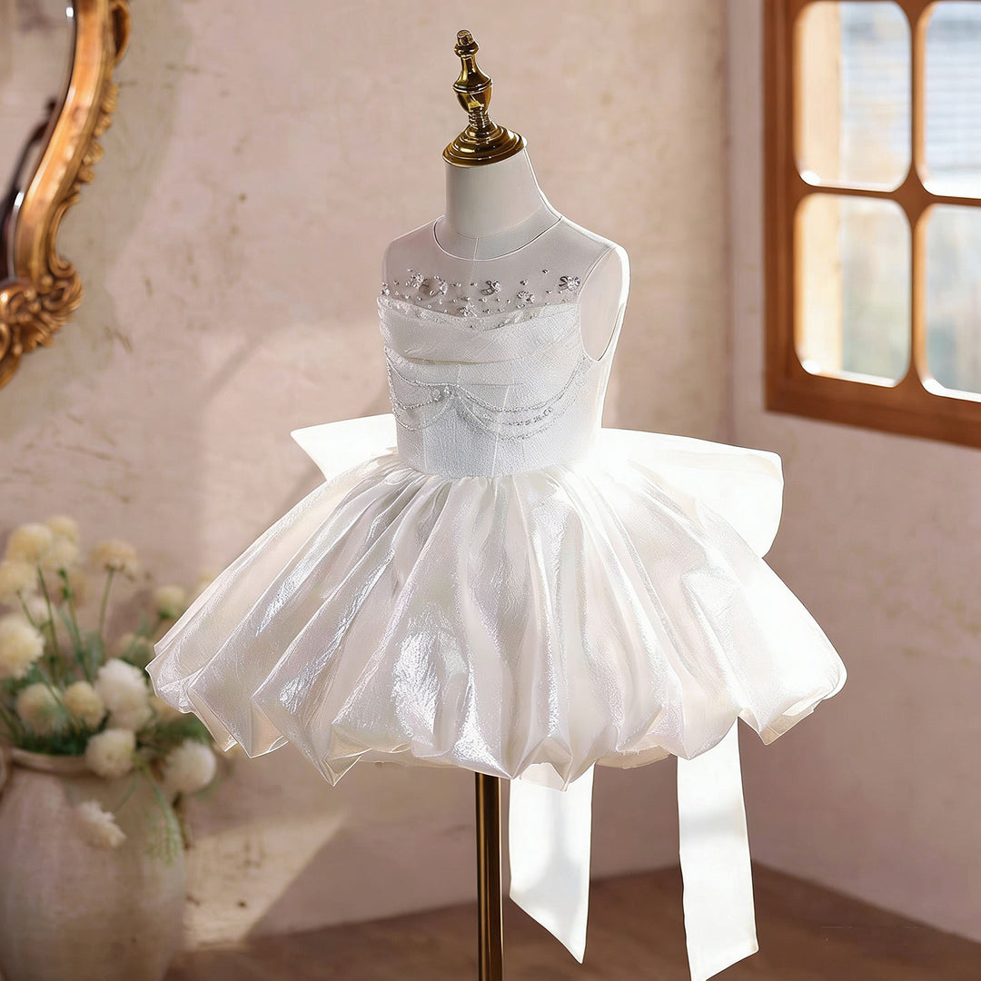 White Flower Girl Dress with Beading Short Ball Gown Skirt for Wedding Party D258