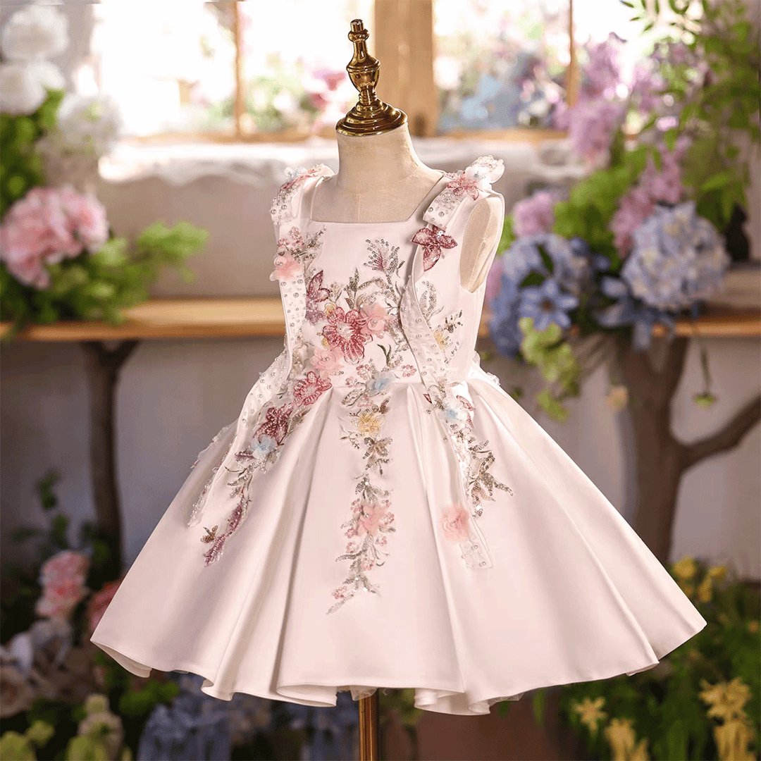 Elegant White Floral Flower Girl Dress Princess Wedding Party Dress J880