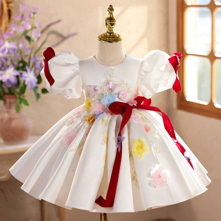 Elegant White Satin Flower Girl Dress with 3D Flowers Princess Party Dress J875
