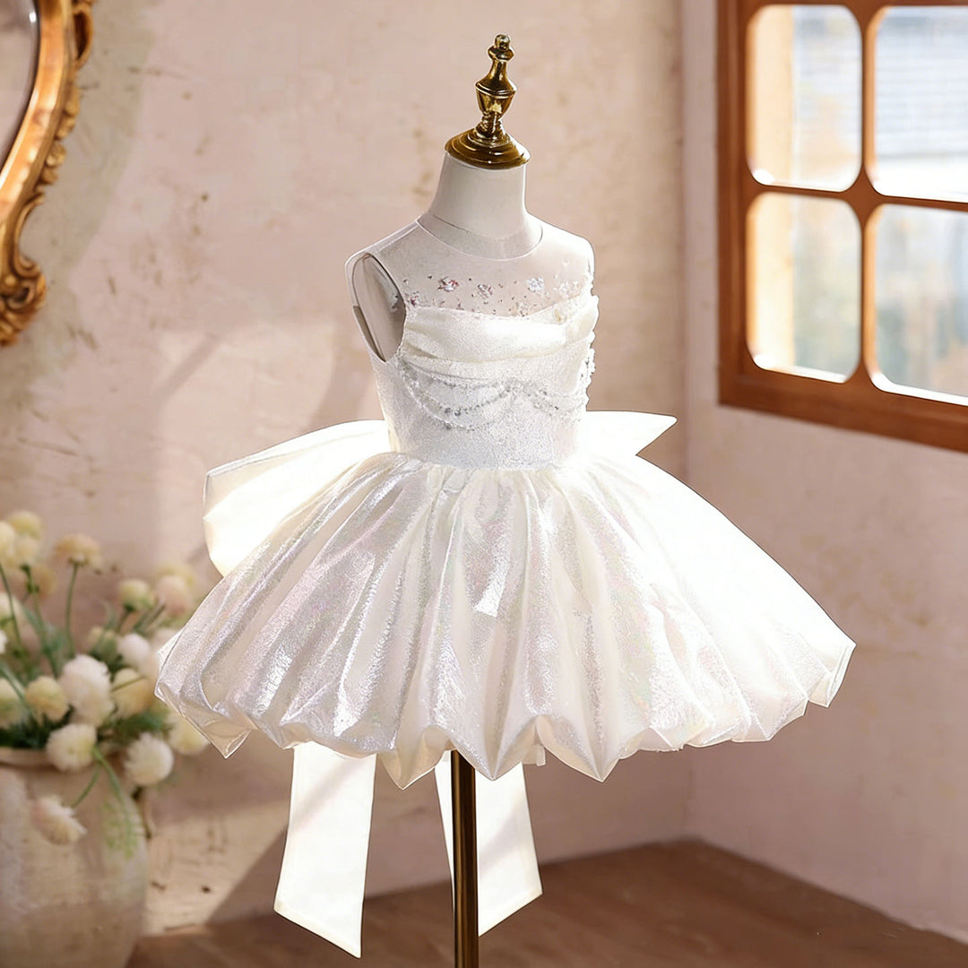 White Flower Girl Dress with Beading Short Ball Gown Skirt for Wedding Party D258