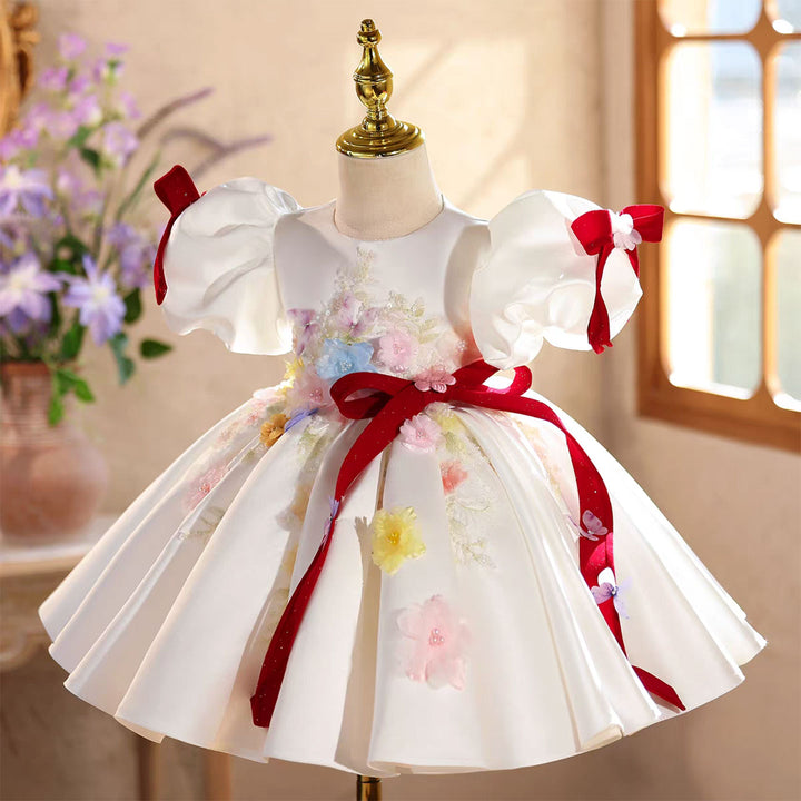 Elegant White Satin Flower Girl Dress with 3D Flowers Princess Party Dress J875