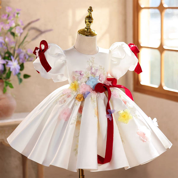 Elegant White Satin Flower Girl Dress with 3D Flowers Princess Party Dress J875