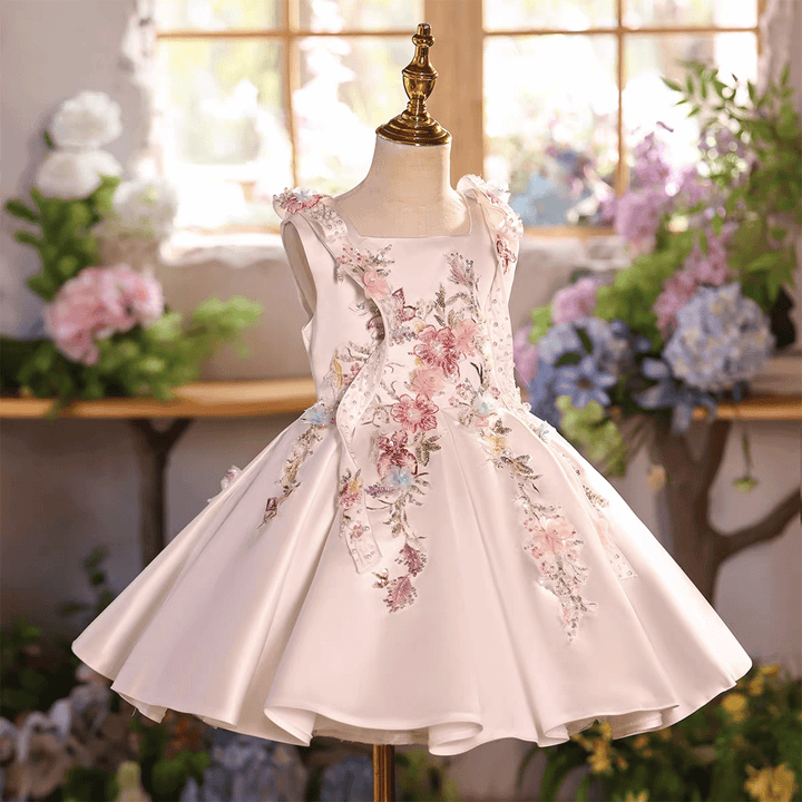 Elegant White Floral Flower Girl Dress Princess Wedding Party Dress J880