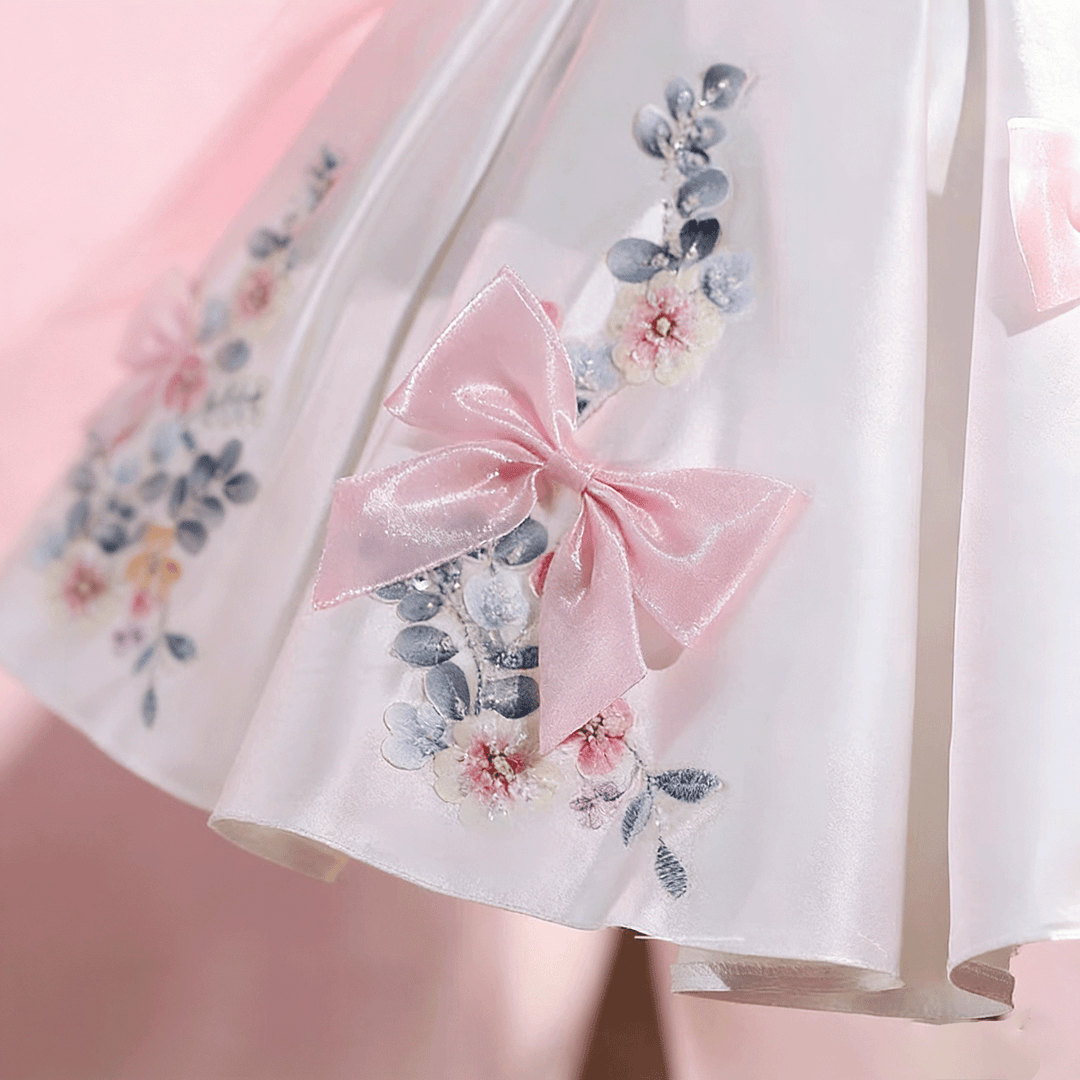 Elegant Off-Shoulder Girl Dress with Floral Print Bow Details Princess Party J883