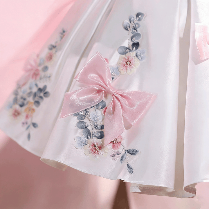 Elegant Off-Shoulder Girl Dress with Floral Print Bow Details Princess Party J883