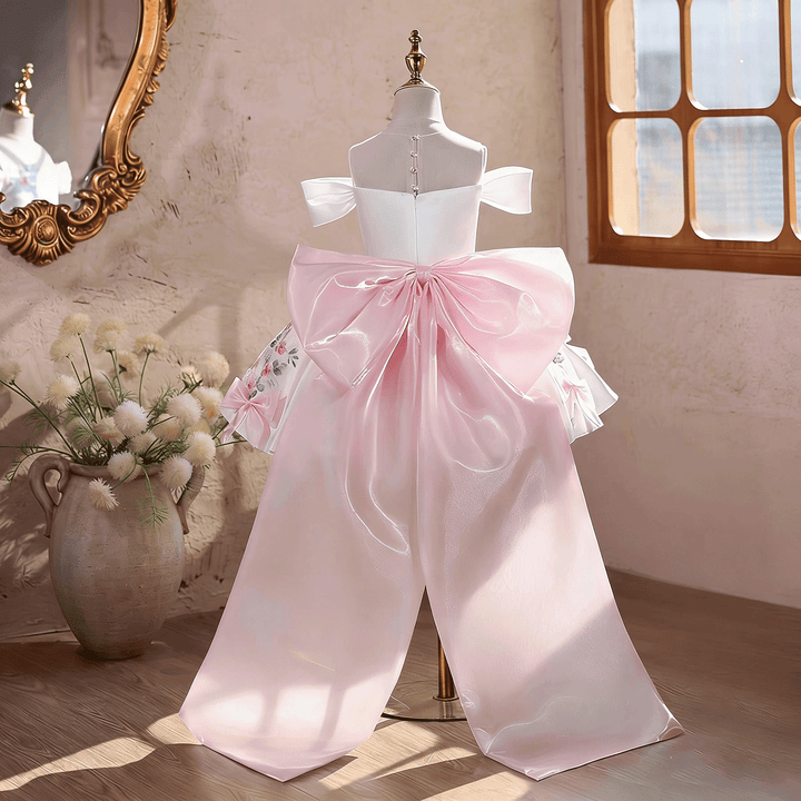 Elegant Off-Shoulder Girl Dress with Floral Print Bow Details Princess Party J883