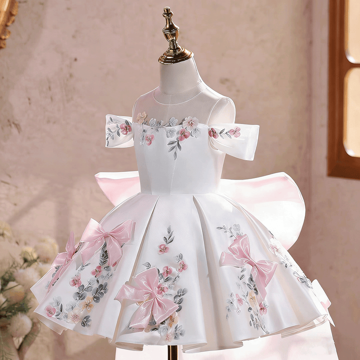 Elegant Off-Shoulder Girl Dress with Floral Print Bow Details Princess Party J883