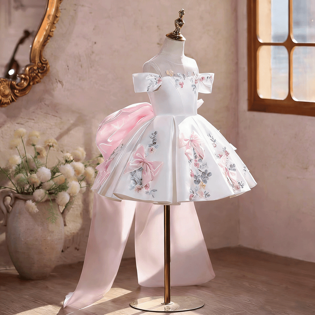 Elegant Off-Shoulder Girl Dress with Floral Print Bow Details Princess Party J883