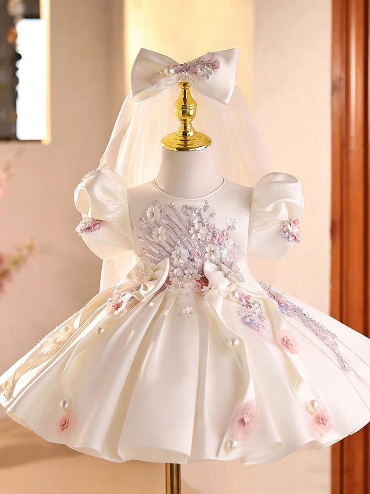 Elegant White Princess Flower Girl Dress with Puff Sleeves for Wedding D264