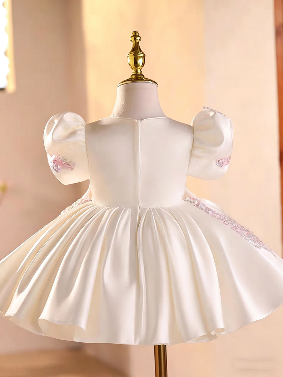 Elegant White Princess Flower Girl Dress with Puff Sleeves for Wedding D264