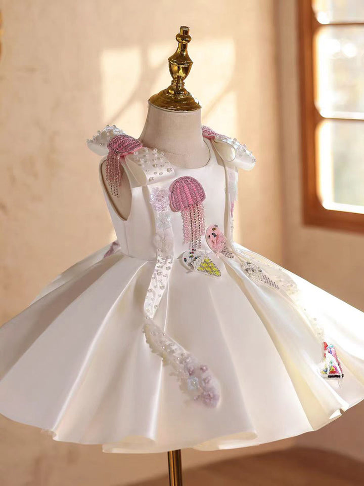 White Crystal Birthday Pageant Runway Flower Girl Dress D223
