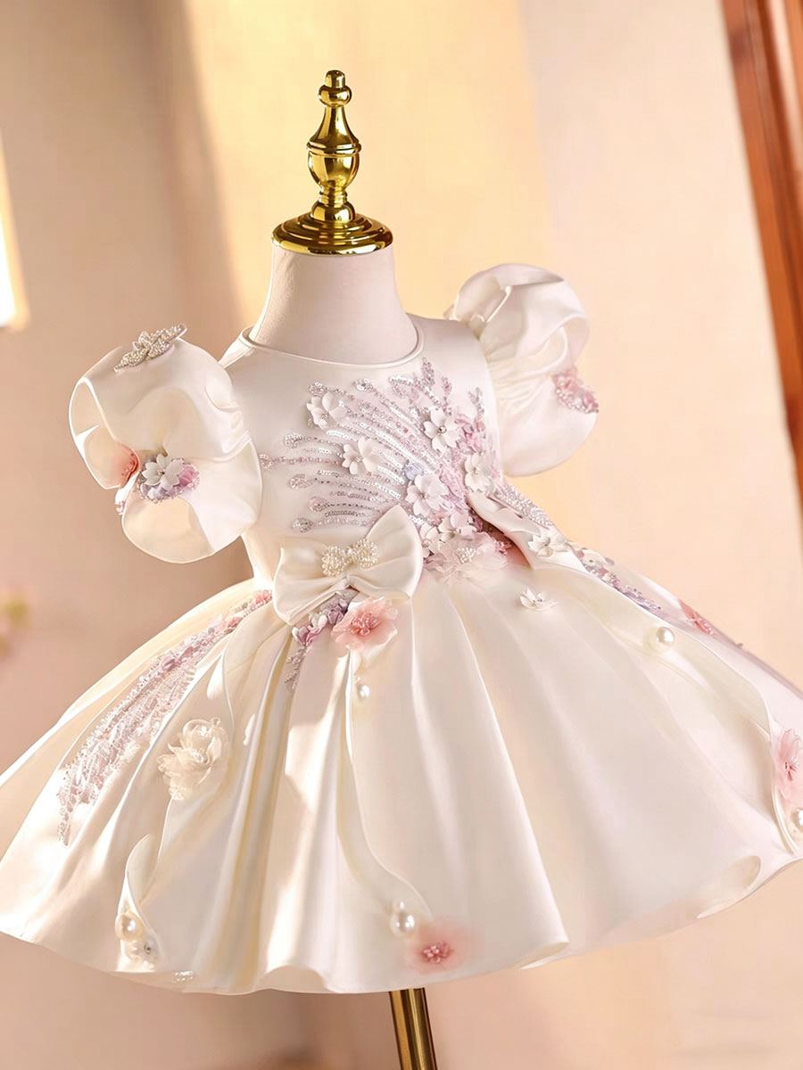 Elegant White Princess Flower Girl Dress with Puff Sleeves for Wedding D264