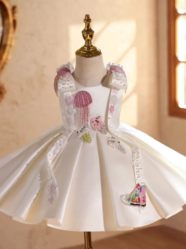 White Crystal Birthday Pageant Runway Flower Girl Dress D223