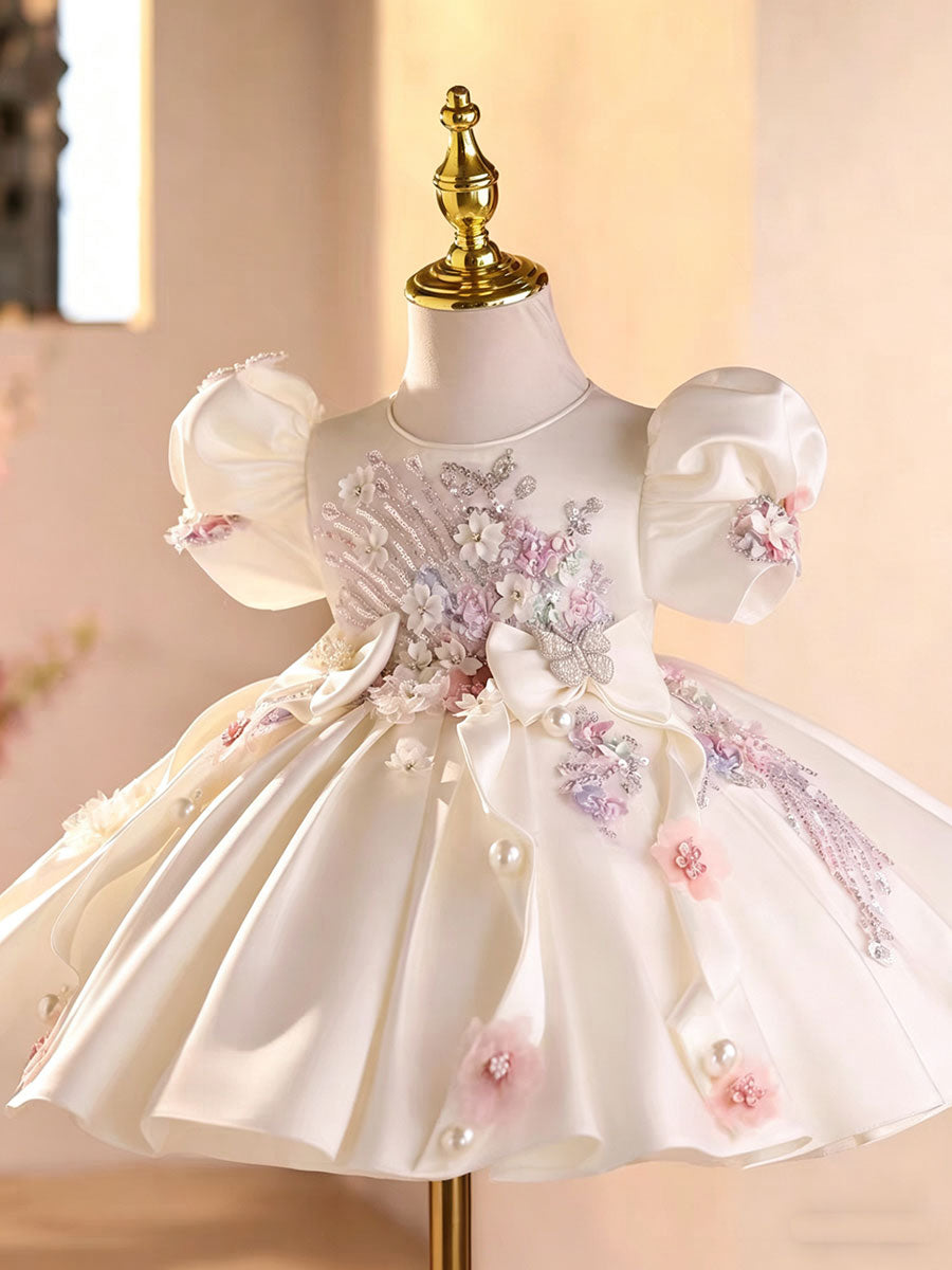Elegant White Princess Flower Girl Dress with Puff Sleeves for Wedding D264