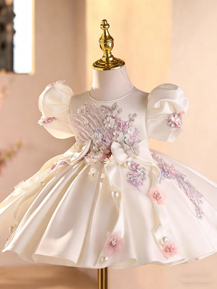 Elegant White Princess Flower Girl Dress with Puff Sleeves for Wedding D264