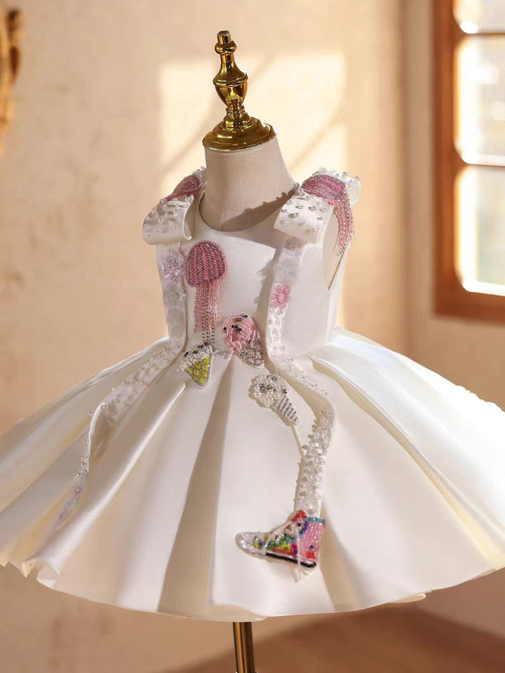 White Crystal Birthday Pageant Runway Flower Girl Dress D223