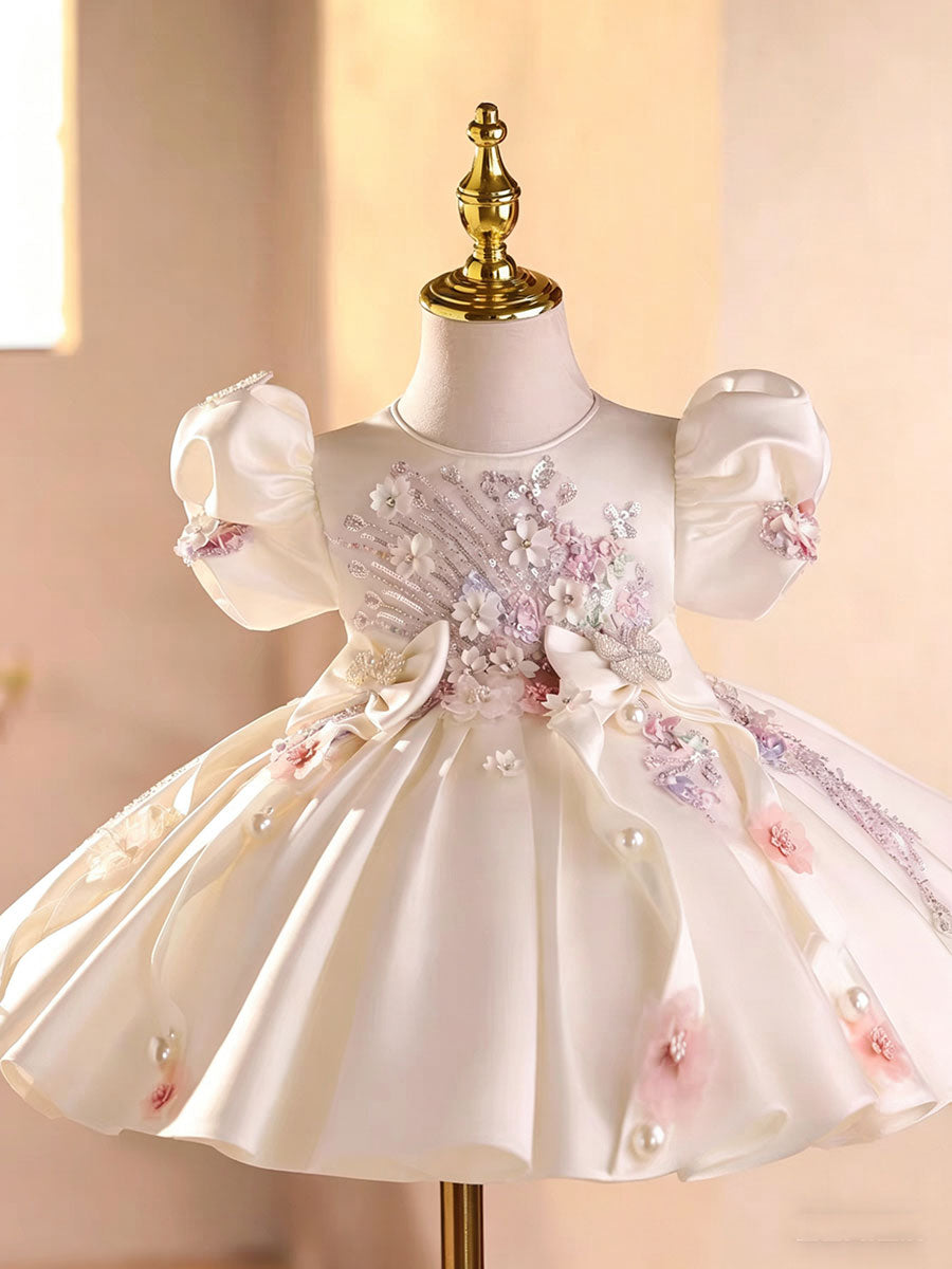 Elegant White Princess Flower Girl Dress with Puff Sleeves for Wedding D264