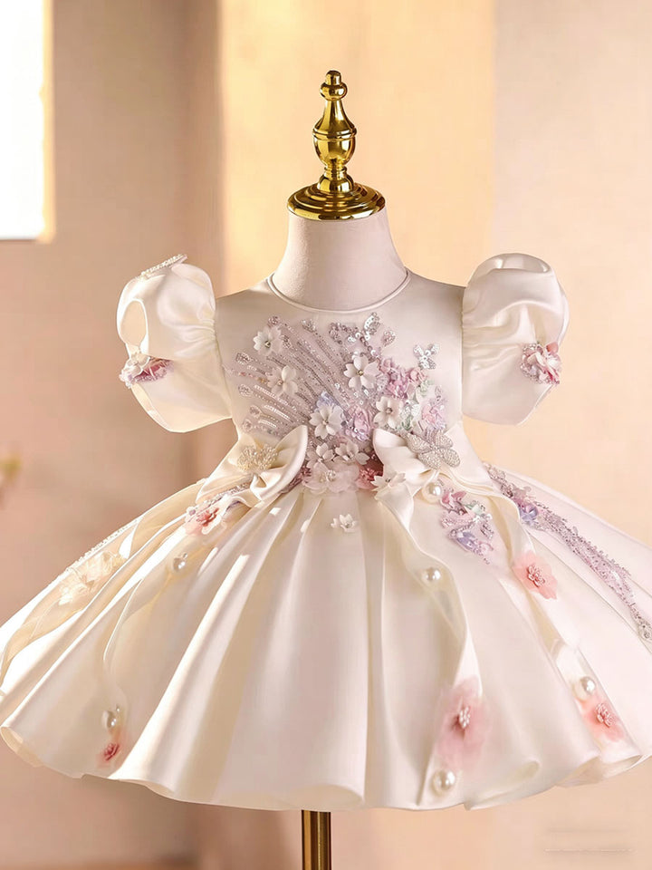 Elegant White Princess Flower Girl Dress with Puff Sleeves for Wedding D264