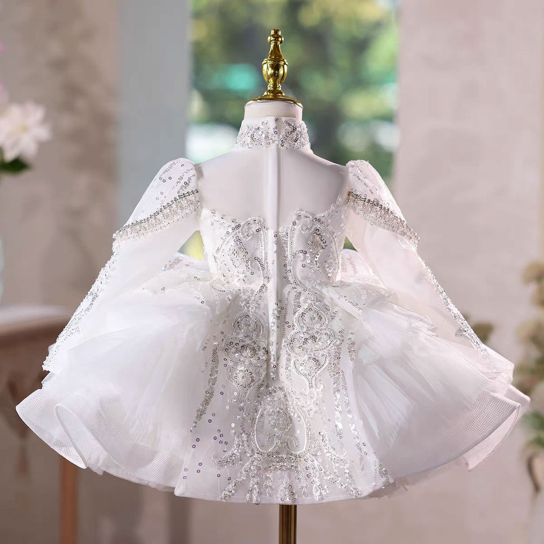 Elegant White Long Sleeve Princess Girl Dress Birthday Party Gown J600