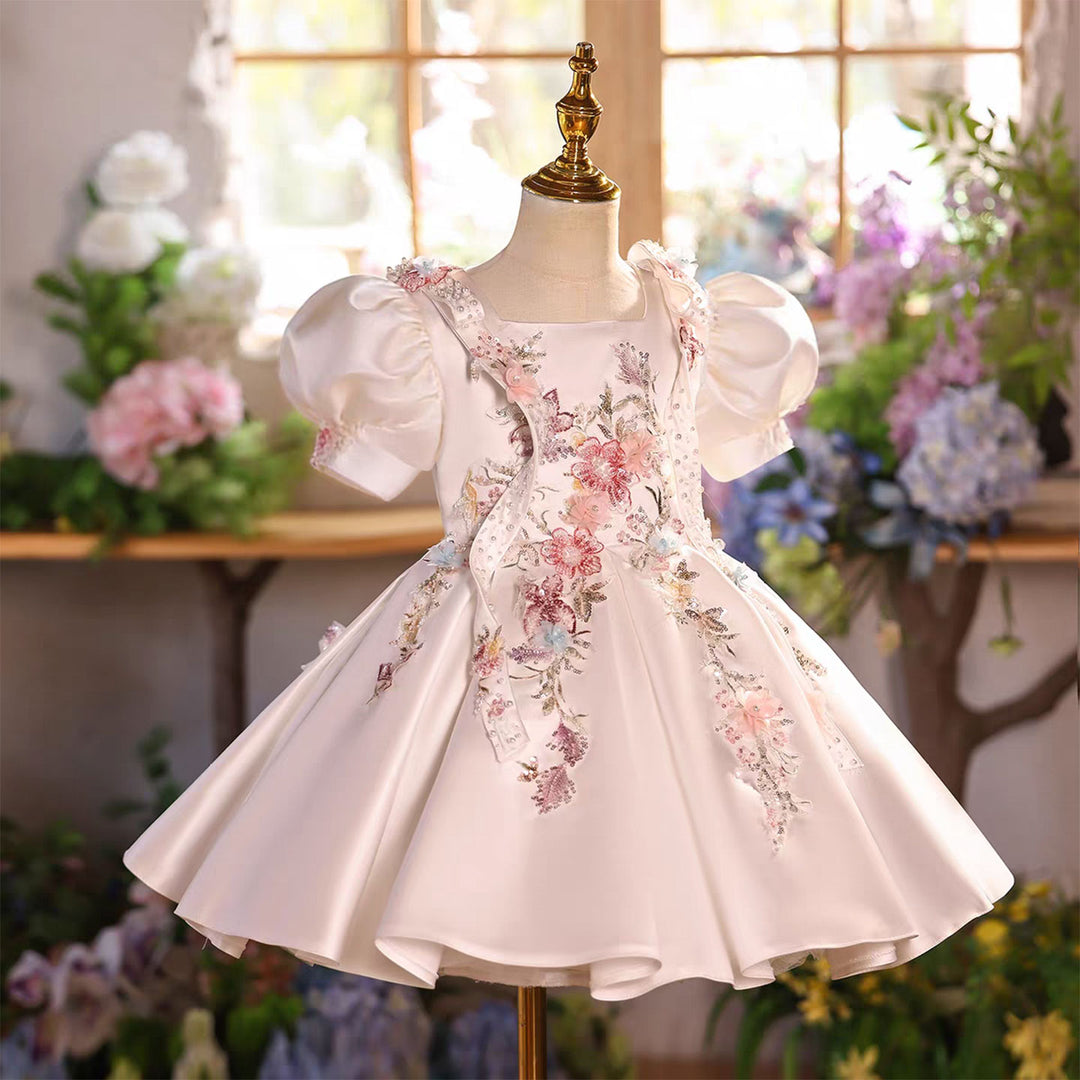 Luxury White Satin Flower Girl Dress with 3D Floral Butterfly Embroidery Puff Sleeves Princess Party Dress D266