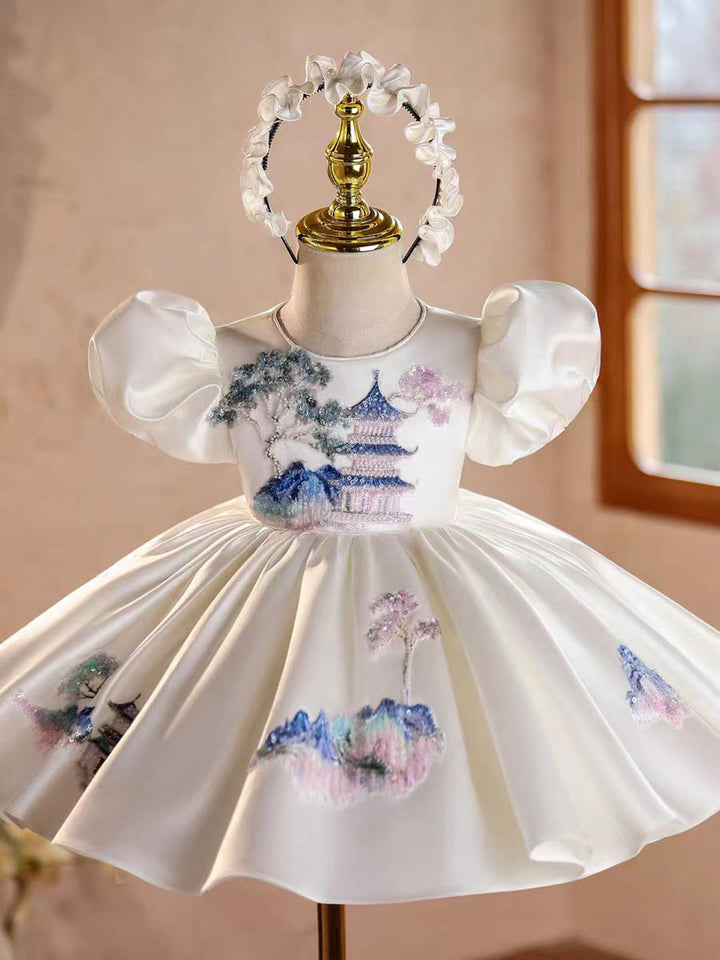 Elegant Embroidered Satin Princess Girl Dress with Flowers for Birthday Party J845