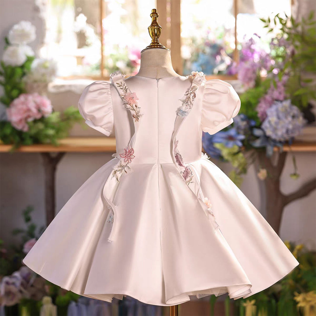 Luxury White Satin Flower Girl Dress with 3D Floral Butterfly Embroidery Puff Sleeves Princess Party Dress D266