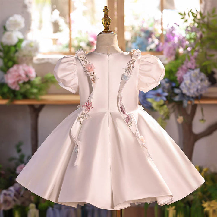 Luxury White Satin Flower Girl Dress with 3D Floral Butterfly Embroidery Puff Sleeves Princess Party Dress D266