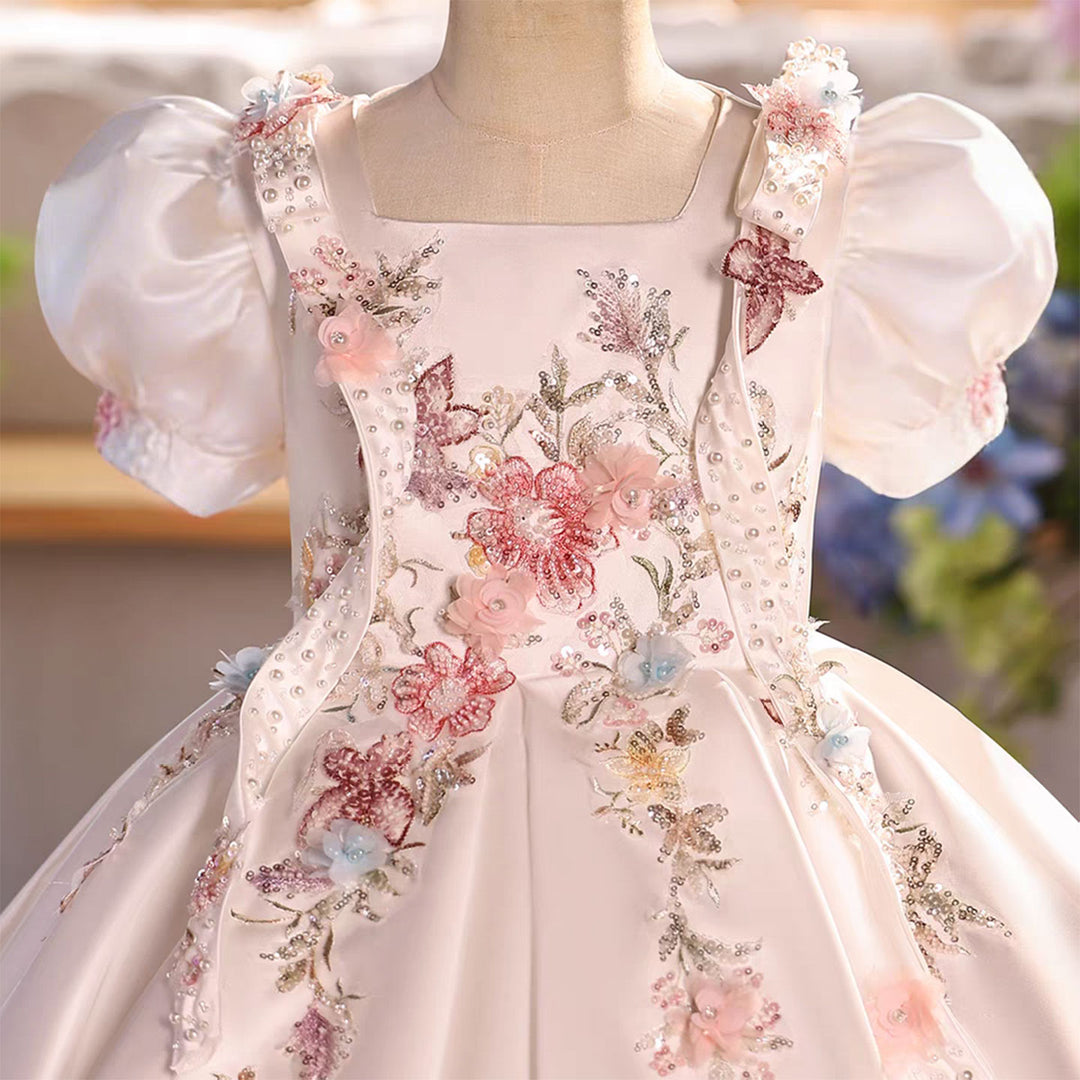 Luxury White Satin Flower Girl Dress with 3D Floral Butterfly Embroidery Puff Sleeves Princess Party Dress D266