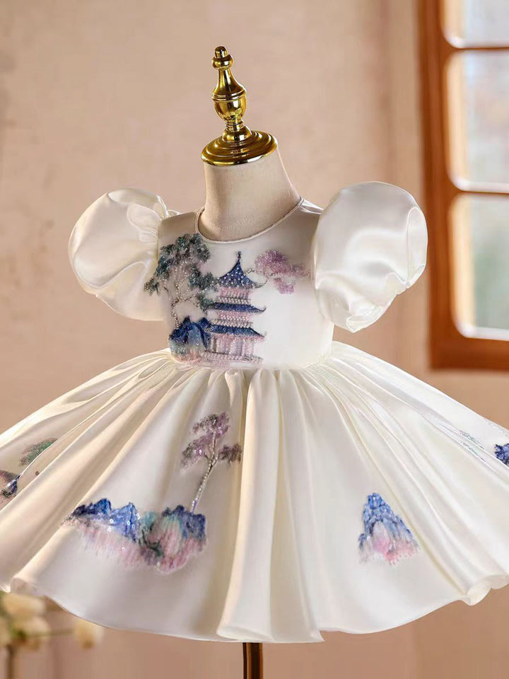 Elegant Embroidered Satin Princess Girl Dress with Flowers for Birthday Party J845