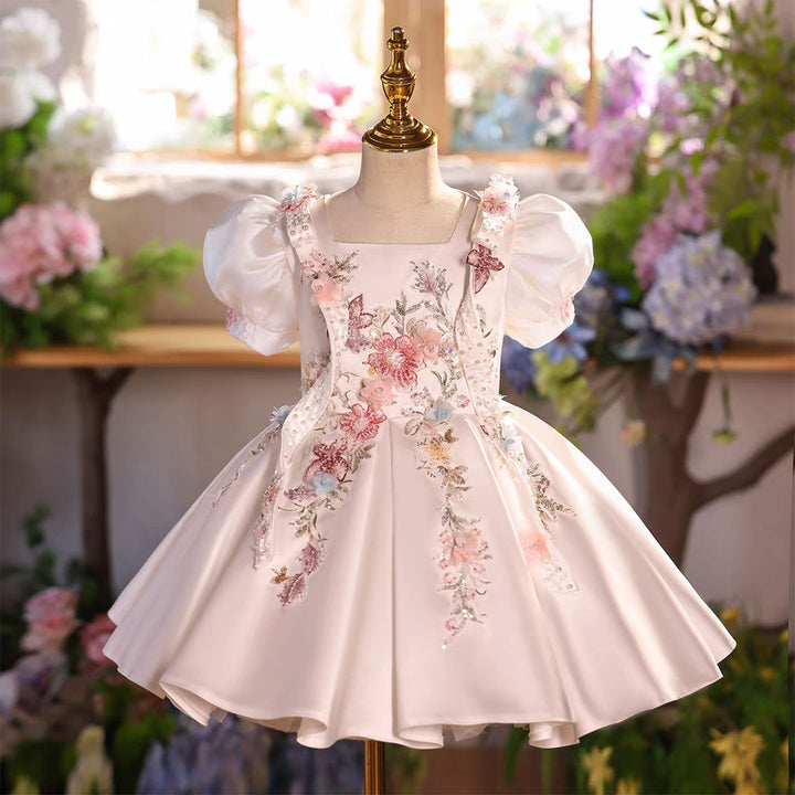 Luxury White Satin Flower Girl Dress with 3D Floral Butterfly Embroidery Puff Sleeves Princess Party Dress D266