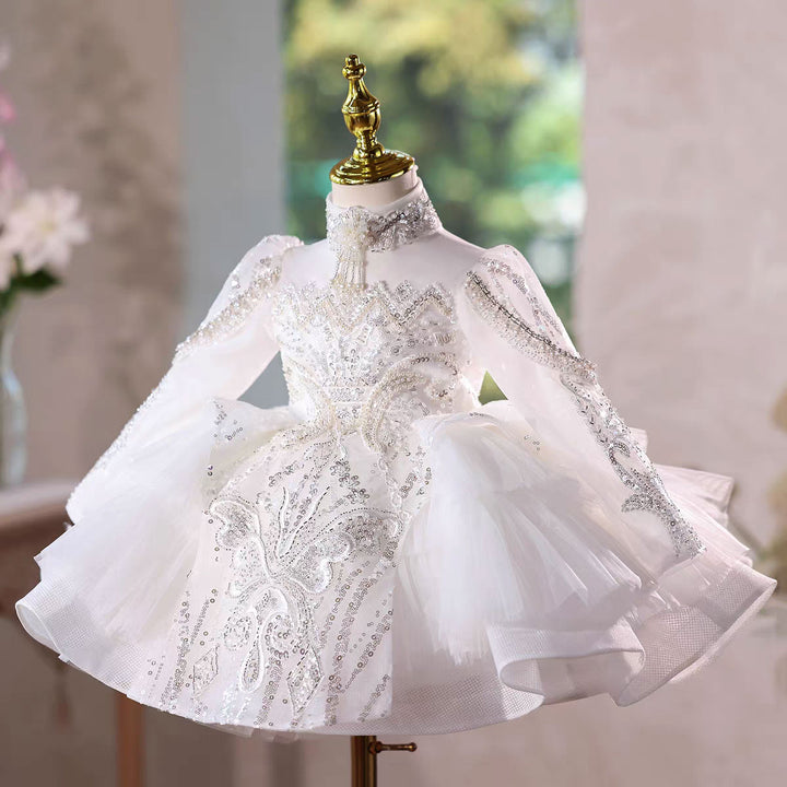 Elegant White Long Sleeve Princess Girl Dress Birthday Party Gown J600