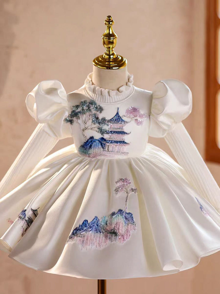 Elegant Embroidered Satin Princess Girl Dress with Flowers for Birthday Party J845