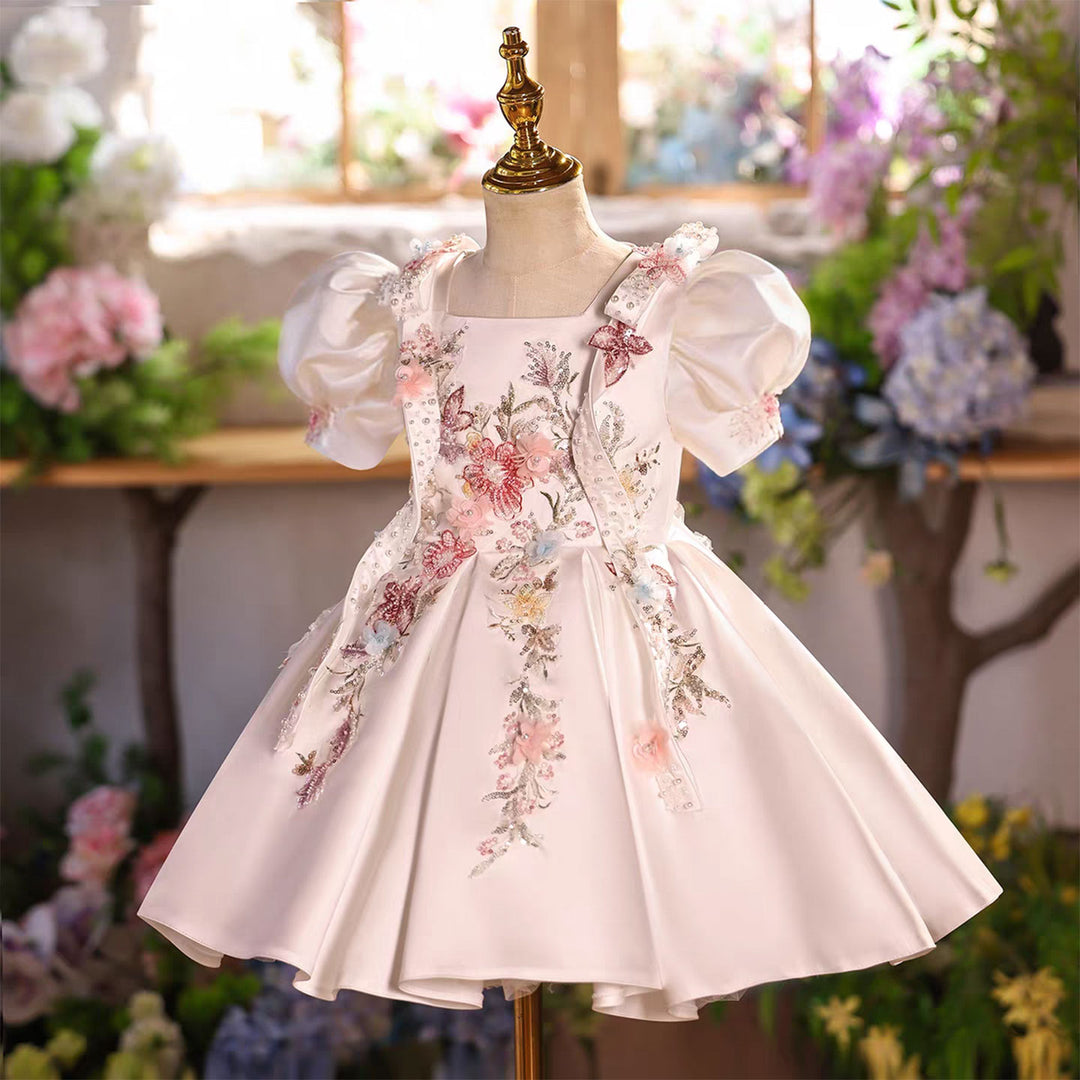 Luxury White Satin Flower Girl Dress with 3D Floral Butterfly Embroidery Puff Sleeves Princess Party Dress D266