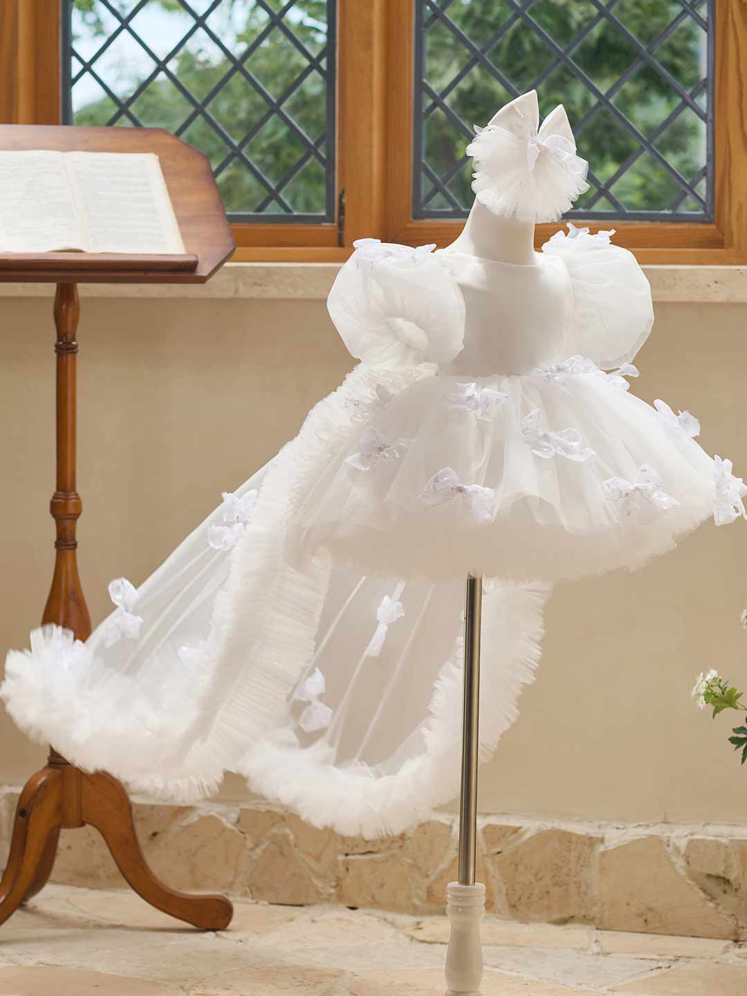 Butterfly Bow Puff Sleeve High-Low Flower Girl Dress with Tulle Train J508