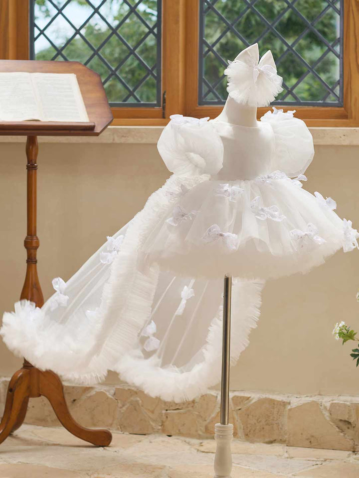 Butterfly Bow Puff Sleeve High-Low Flower Girl Dress with Tulle Train J508