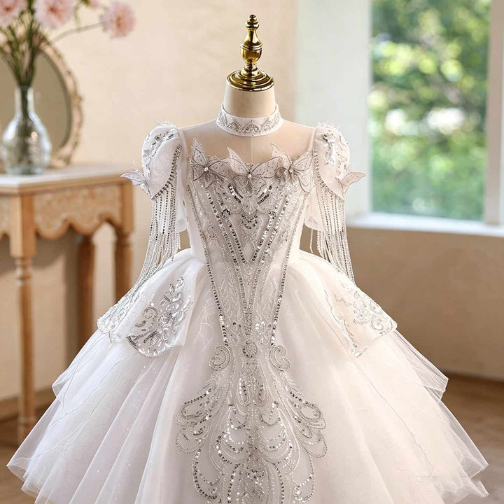 Girls White Sequin Ball Gown High Neck Flower Girl Dress for Pageant Wedding D373