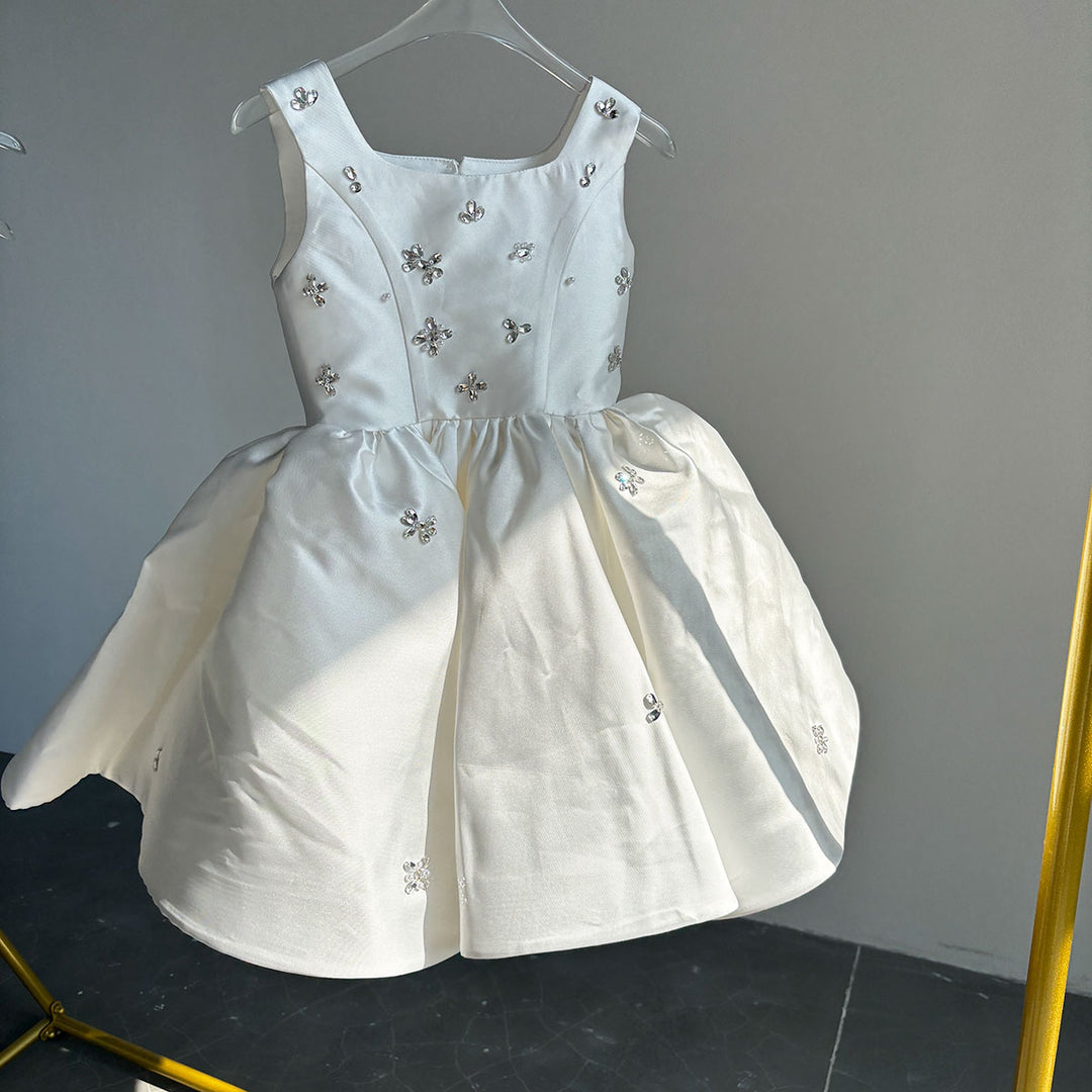 girls white party dress Elegant Pink Satin Girl Dresses Square Collar for Kids Party Gown J145 Pink / child-4