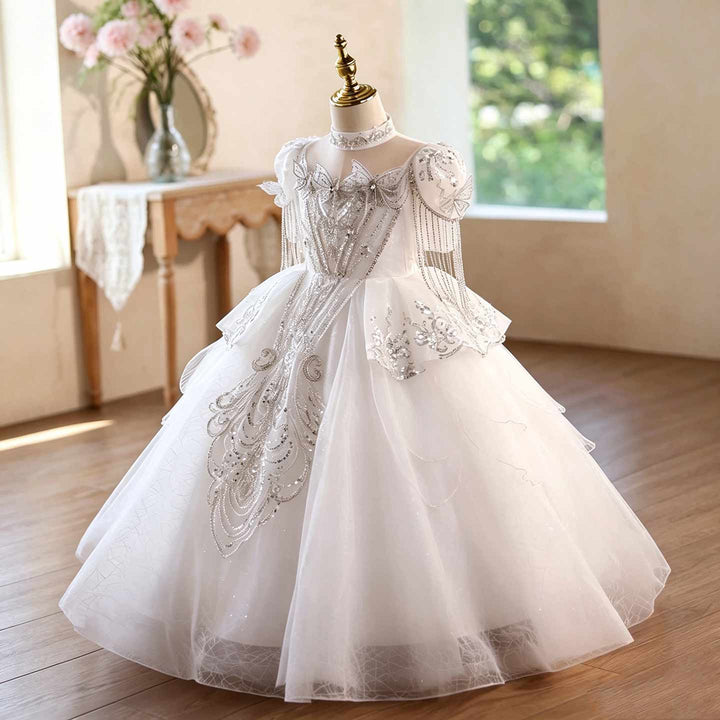 Girls White Sequin Ball Gown High Neck Flower Girl Dress for Pageant Wedding D373