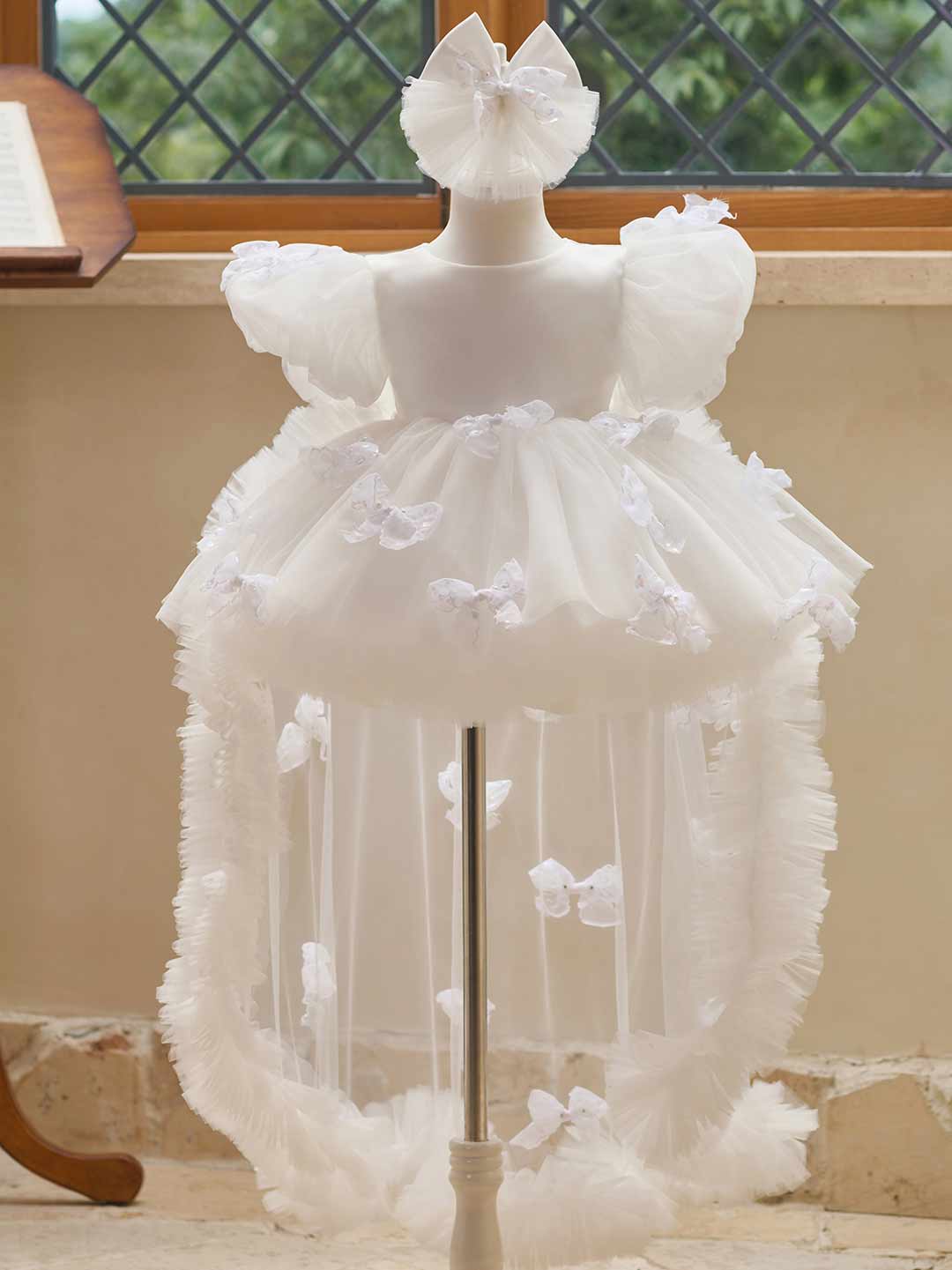 Butterfly Bow Puff Sleeve High-Low Flower Girl Dress with Tulle Train J508